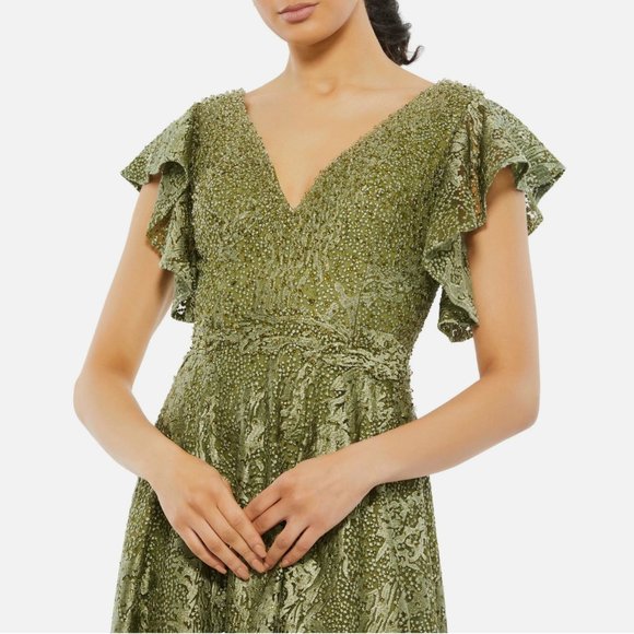 NWT $798 Mac Duggal [ 16‎ ] Embroidered Flutter Sleeve V-Neck Gown Olive Green - Picture 2 of 16